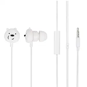 MINISO We Bare Bears in-Ear Headphones with Microphone, Comfortable Earbuds Cute Earphones for Mobile Smartphones Apple Xiaomi Realme Oppo Samsung - White