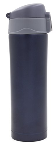 Kooyi Vakuum Isolierbecher aus Edelstahl, Kaffeebecher Reisebecher 450 ml, Koffee to go Becher, einhändig zu öffnen und Trinken, 100% auslaufsicher BPA frei, für kalt und warm … (Blau-grau) - 2