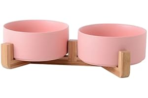 SP SEMPRE + doppie ciotole in ceramica per gatti e cani di piccola taglia da 12.8cm l'una in bambù, 2x400ml rialzate e sollevate da terra con base antiscivolo (DOPPIE 12.8 CM, ROSA)