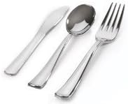 Heavyweight Silver Polished Plastic Cutlery Combo Pack 24 Pcs - Packaged in Box - (8 Forks, 8 Knives, 8 Spoons)