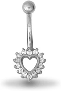 9ct White Gold Clear Stone Heart Belly Bar