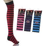 Six Pairs Ladies Cotton Dark Stripe over the Knee socks / Size 4 - 7
