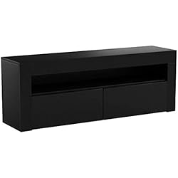 E-Com - Meuble TV "Luna" 140 cm Noir Mat Avec Façade Noire Brillante (Sans Lumières LED RGB)