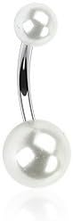 White Faux Pearl Belly Button Ring Silver Bar (16g) - Faux Pearl Navel Ring (...