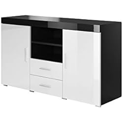 muebles bonitos Buffet Moderne modèle Roque mélaminé Noir Blanc Brillant Largeur 140cm Hauteur 80cm Profondeur 40cm
