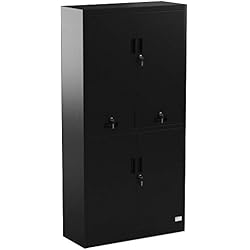 tectake 402939 Armoire de Bureau Metallique avec 4 Portes Battantes et 2 Tiroirs Verrouillable 180x90x40cm Noir