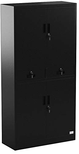 tectake 402939 Armoire de Bureau Metallique avec 4 Portes Battantes et 2 Tiroirs Verrouillable 180x90x40cm Noir