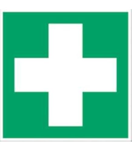 Adesivi 75 x 150 mm, 4 pezzi, dispositivo per lavaggio degli occhi, combinazione con freccia destra, pannello di salvataggio crescente rosso variante, E011, verde/bianco, DIN EN ISO 7010/ASR A1.3