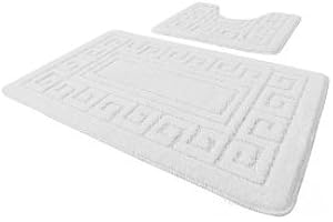 EDS Luxury 2 Piece Greek Bath Mat Set Non Slip Ultra Soft Bathroom Mats Water Absorbent Bath Mats Machine Washable Rug Toilet Mat for Bathroom Floor (White)