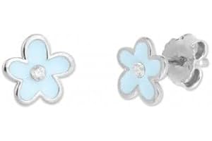 Turmalina by martina, Pendientes Bebé Niña, Flor Azul de Plata de Ley 925, Tamaño de 7,5 mm