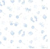 Diseño transparente con impresión de sonajeros y huellas de bebé. 