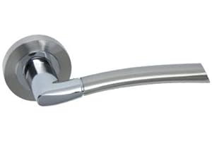 AZERODESIGN Juego de MANIVELAS puerta roseta redonda 50mm de diametro modelo AINA, acabado combinado níquel satinado y cromo brillo - material aluminio - manilla de 126 mm longitud