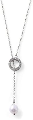 WHY Jewellery Engraved Diamond Halo Circle and Freshwater Pearl Drop Pendant on a 45cm Anchor Chain (Palladium Plated Sterling Silver)