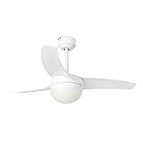 Ventilador de techo con luz blanca con posibilidad de instalación en superficie plana o inclinada. Motor garantizado por 15 años
