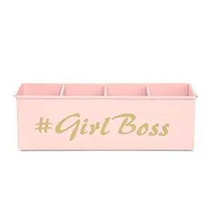 Anantam Homes 4 Compartment Girl Boss Desk Organizer Decorative Pen Pencil Caddy Storage Box Holder For Desktop Office, School, Home Stationery, Study Table Organizer & Art Supplies Accessories With Four Slots, Metal (12.5 Inch, Light Pink)