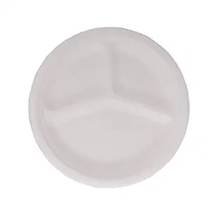 KRUM SSSG Natural and Biodegradable Disposable Round sugarcane Plate with 3-Compartment - Pack of 5