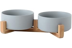 SP SEMPRE + doppie ciotole in ceramica per cani medi da 15.5cm l'una in bambù, 2x850ml rialzate e sollevate da terra con base antiscivolo (DOPPIE 15.5 CM, GRIGIO)