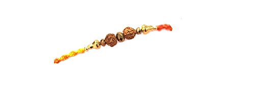 Rakhi Bracelet - Red/Orange Thread with Gold & Brown Beads and Rudraksha (Pack of 12)