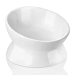 Nucookery Ceramic Cat Food Bowl Elevated,Raised Tilted Bowl Protect Pets' spines and Neck, Anti Vomiting Cat Bowl, Small Dog cat Kitten Supplies (5?, Pure White)