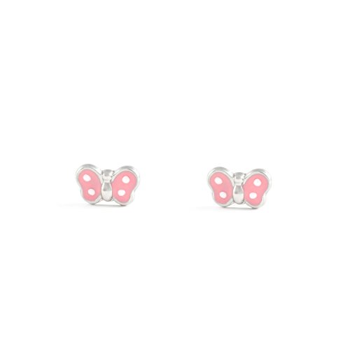 Monde Petit AG-2365-F - Pendientes niña Plata mariposa esmaltada en rosa y blanco