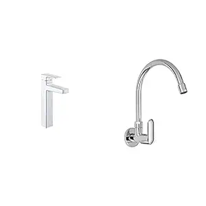 KOHLER Hone Single Control Mixer Tall Lav Faucet, with Drain (Chrome Finish)+Kohler Kumin Wall Mounted Kitchen Faucet (Cold only) (99482IN-4-CP)