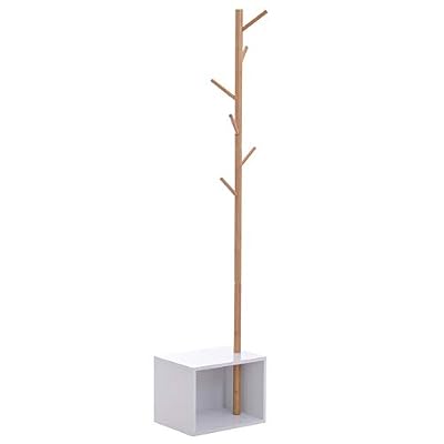 Homcom Meuble Rangement Porte-Manteaux 2 en 1 Design Contemporain Cosy dim. 40L x 30l x 180H cm MDF Blanc Bois Massif Bambou
