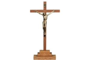 CROSS MY HEART 18cm Tall Wood Wooden Crucifix Cross Free Standing Brass Corpus