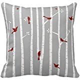 CBOutletArt Birds in Birch Trees Red White Grey #147 Cotton Linen Decorative Throw Pillow Case Cushion Cover 18*18 Inch