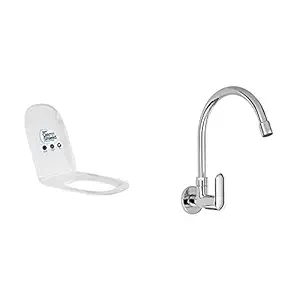 KOHLER TRACE (Square) Antimicrobial, Quiet Close UF toilet Slim Seat Cover (White)+Kohler Kumin wall mounted Kitchen Faucet (cold only) (99482IN-4-CP)