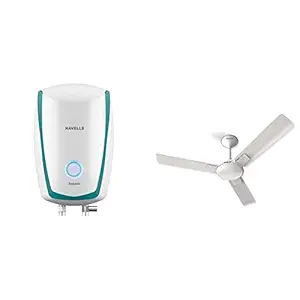 Havells Instanio 3-Litre Instant Geyser (White/Blue) & Enticer 1200mm Decorative, Dust Resistant, High Power in Low Voltage (HPLV), High Speed Ceiling Fan (Pearl White Chrome)