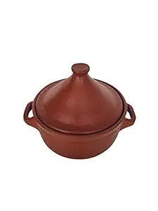 Beverlion LPG and Microwave Unglazed Clay Handi/Earthen Pot for Cooking Biriyani Pot with Long Lid - 3 Litre - Red