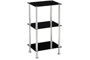 Modernique Glass Shelf Tier Storage Unit, Rectangular Shape in Black or Clear Glass with Chrome Stand, Shelving Unit (Black, Tier 3)