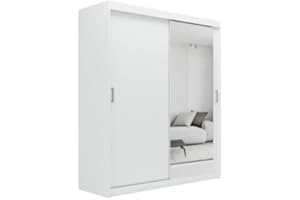ELUKS OVI Double Sliding Doors Wardrobe with Mirror Furniture for Bedroom Living Room and Hall Wardrobe Organizer Width 100cm/120cm/150cm/180cm/200cm (White, 150cm)