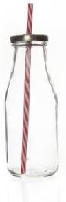 Glass Sweet Jar with 'Chocolat'Text Milk Bottle Lemonade Bottle with Straw Mug, Red and White [A sweet French Language] Silver Lid Airtight screw for candy bar-candy bar Mason Jar