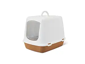 Savic | Cat Litter Tray| Oscar Toilet Home - Nordic Collection, Easy to Move and Easy to Clean with Handle and Clip Attached with Hood| White-Nordic Brown