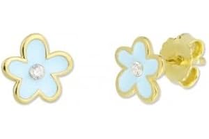 Turmalina - Pendientes bebe niña dorados flor azul de Plata de Ley 925, pendientes con motivo de flor de color azul y piedra, tamaño de 7,5 mm, de la marca de joyería Turmalina by Martina