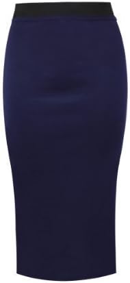Amber Apparel Ladies Plain Office Stretch Bodycon Midi Pencil Skirt Navy 12