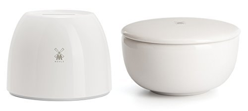 Muhle White Porcelain Blade Bank and White Porcelain Shaving Soap Dish with Sandalwood Shaving Soap Gift Set