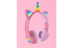 WikiMark Auriculares Unicornio Iluminado con Luces Led y Orejas de Gato, Bluetooth V5.0, Inalámbricos para Niños y Niñas con Limitación de Volumen. Puedes Responder Llamadas, (Rosa-Rosa)