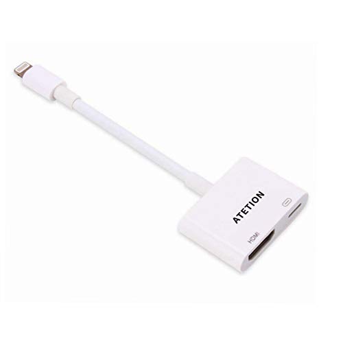 ATETION Adaptador HDMI, Adaptador AV Digital con Puerto de Carga para iPhone, Compatible con iPhone, iPad, iPod Touch, para HD TV Monitor Projector 1080P Compatible con iOS 12 y Antes