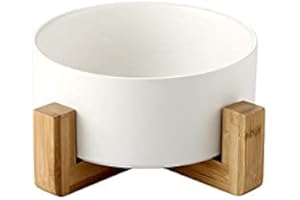 SP SEMPRE + ciotola singola per cani e gatti in ceramica da 850ML in bambù, rialzata e sollevata da terra, base antiscivolo con 4 cuscinetti (SINGOLA 15.5 CM, BIANCO)