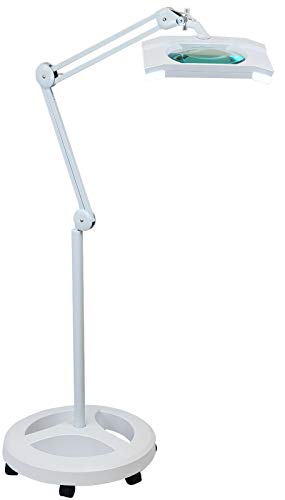 Komerci KML-9002LED-FS3 Lupenleuchte mit Stativ, Standlupe, Glaslinse, 5 Dioptrien, 14W, Dimmer, Rollstativ, Weiß