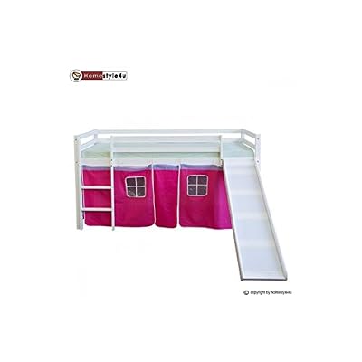 Homestyle4u Lit Simple Blanc 90x200 en Hauteur avec echelle et Rideau Rouge et Toboggan