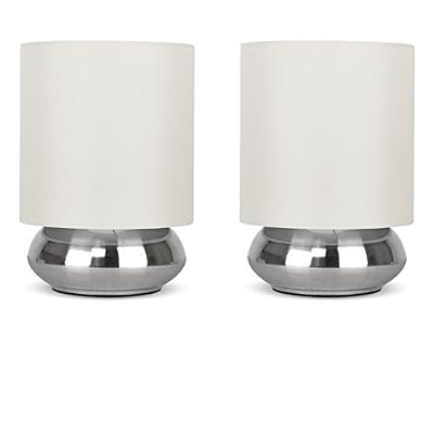 MiniSun PAIRE - Lampes de Table, Chevet Touch Moderne. Variateur Touch intégré. Chrome Brossé / Nickel avec Abat-Jour en Tissu Crème