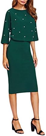 Sianze Pearl Beading Embellished Skirt Set Womens Two Piece Sets New Women Green 3/4 Sleeve Elegant Pencil Two Piece Set