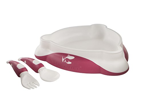 Toddler Training Tableware with FREE Self-feeding Guide, Baby Bowl, Fork and Spoon. "me-feed-me" by Salmon Luke. Ideal for toddlers and babies to help with Self-Feeding (Rose)