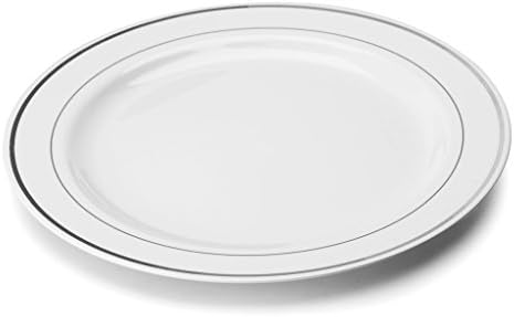 Thali Outlet® - 200 x White Silver Rim 10" Mozaik Strong Reuseable Hard Plastic Dinner Plates 26cm
