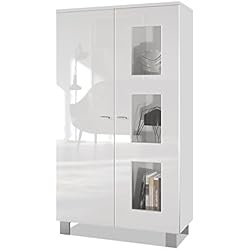 Vitrine Armoire Denjo, Corps en Blanc Mat/Façades en Blanc Haute Brillance
