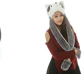 Colorfulworldstore 25 styles Cartoon Plush Animal Hats with Scarfs Mittens Gloves Performance props (gray husky-8)