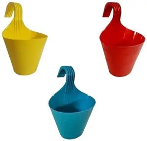 mehans Plastic Hanging Flower Pot Home/Garden/Railing Plant Container Set (Pack of 3)